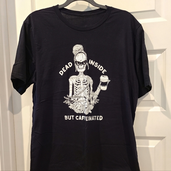 YourTops Women's Dead Inside But Caffeinated Sunflower Skull T-Shirt | Funny Graphic Tee